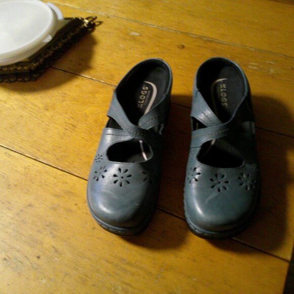 BLUE LEATHER MARYJANE SLIDES KLOGS FOOTWEAR DOUBLE STRAP CUTOUT FRONT SZ10 - Picture 1 of 7